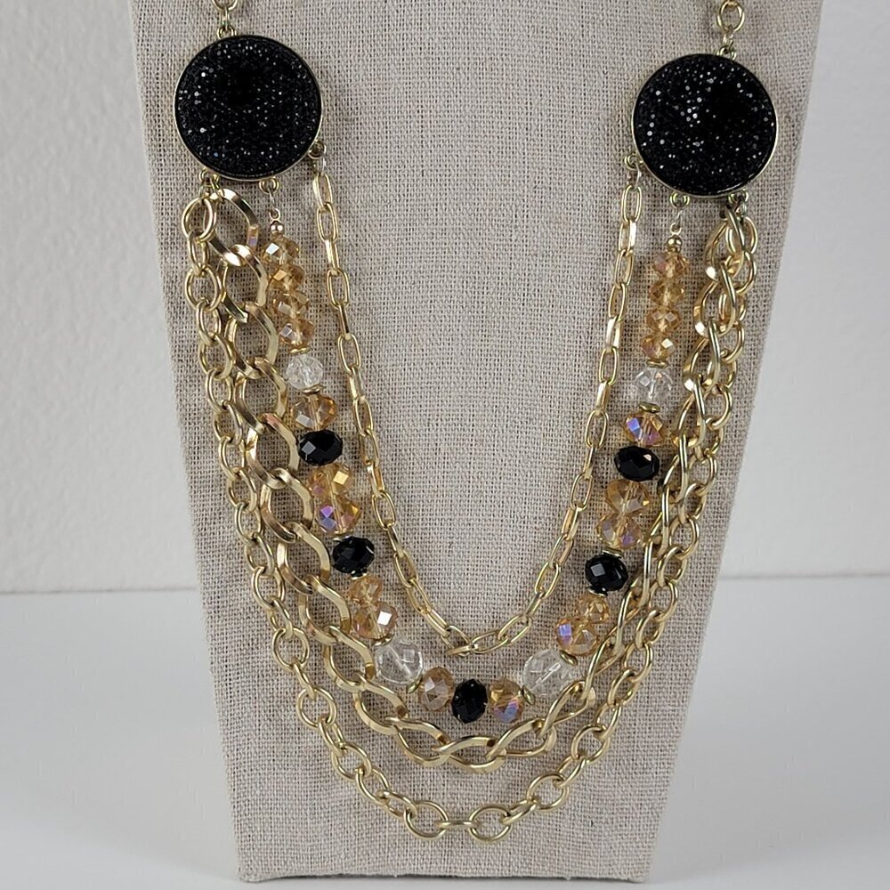 Gold-Tone Multi Chain Multicolor Crystal And Black Faux-Druzy Necklace  26.5 In